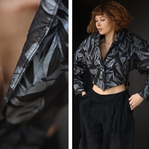Vintage black silver grey genuine leather large shoulder cropped bomber jacket S