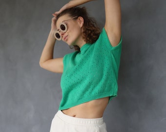 BENETTON Vintage green cotton knit sleeveless cropped vest top