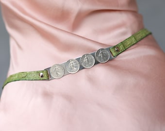 Vintage green leather metal coin thin belt