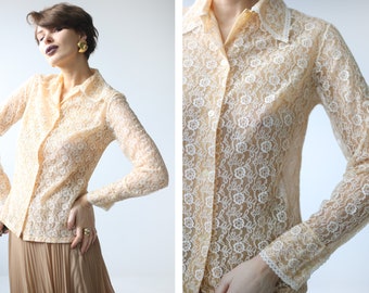 Soviet vintage beige semi sheer lace guipure long sleeve blouse top S