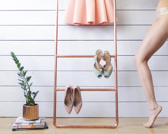 Handmade industrial copper rose gold tone clothes frame rack minimalist interior ladder stand clothing hanger