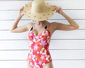 Vintage red pink yellow floral print low back mid high leg cut one piece swimsuit S-M