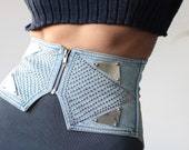 French vintage blue denim studded wide corset style cinch waist belt XXS