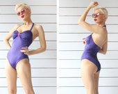 Vintage purple halter neck low back one piece swimsuit M L