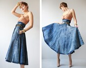 Vintage bleached blue cotton denim below the knee length high waist extra full midi skirt S M