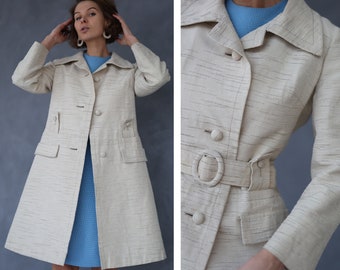 Swedish vintage cream white textured belted coat