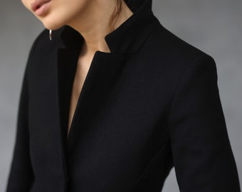 Vintage black wool cashmere 2/3 length sleeve blazer jacket XS S