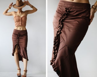 DIESEL Vintage brown cotton asymmetric slit low waist ruffle dance midi skirt XS S