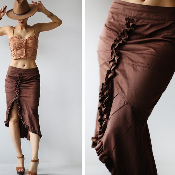 DIESEL Vintage brown cotton asymmetric slit low waist ruffle dance midi skirt XS S