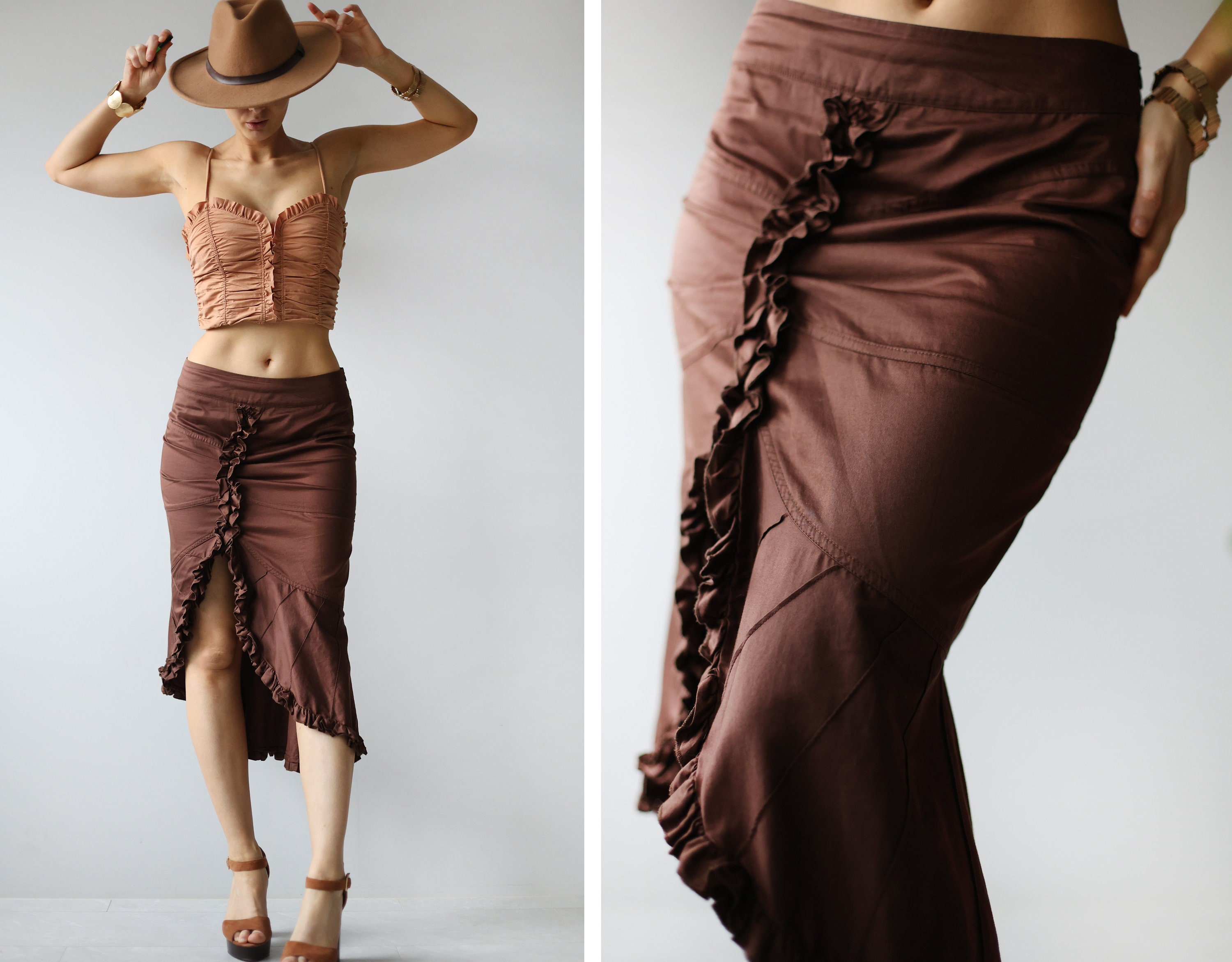 ディーゼル　スカートヴィンテージ DIESEL Vintage brown cotton asymmetric slit low waist ruffle