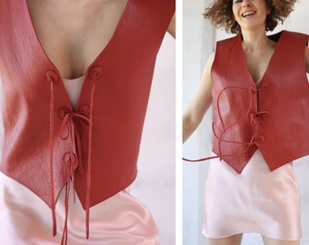 Unisex Vintage red genuine leather sleeveless vest top