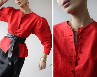 80s vintage red silk button up large puffed shoulder blouse top M L