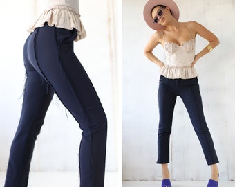 Vintage navy blue fringe seam high waist slim fitted trousers pants XS