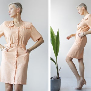80s vintage peach pink cotton knee length front button belted blazer midi dress S