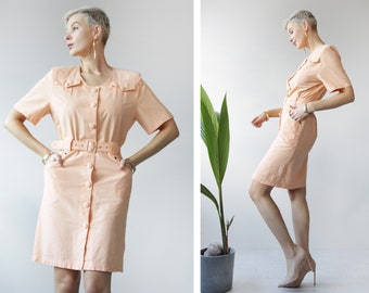 80s vintage peach pink cotton knee length front button belted blazer midi dress S