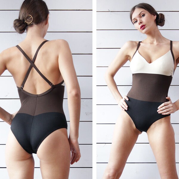 Vintage black brown white panel color block criss cross back one piece pool beach swimsuit S