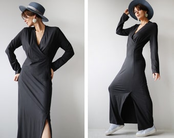 Vintage grey long sleeve faux wrap maxi dress L XL