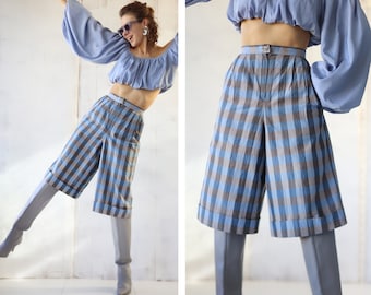 Vintage blue grey plaid cotton high waist knee shorts pants XS