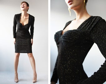 80s Vintage black gold dot print defined bustier above the knee length midi dress S