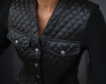 Vintage black quilted faux leather front snap jacket top S