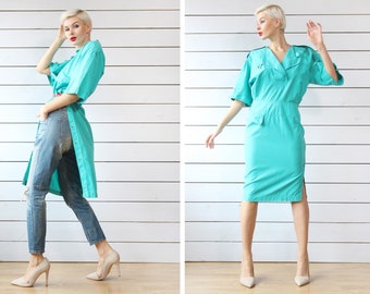 BYBLOS 80s Vintage turquoise blue cotton enhanced shoulder slim knee length skirt short sleeve summer midi dress XS S