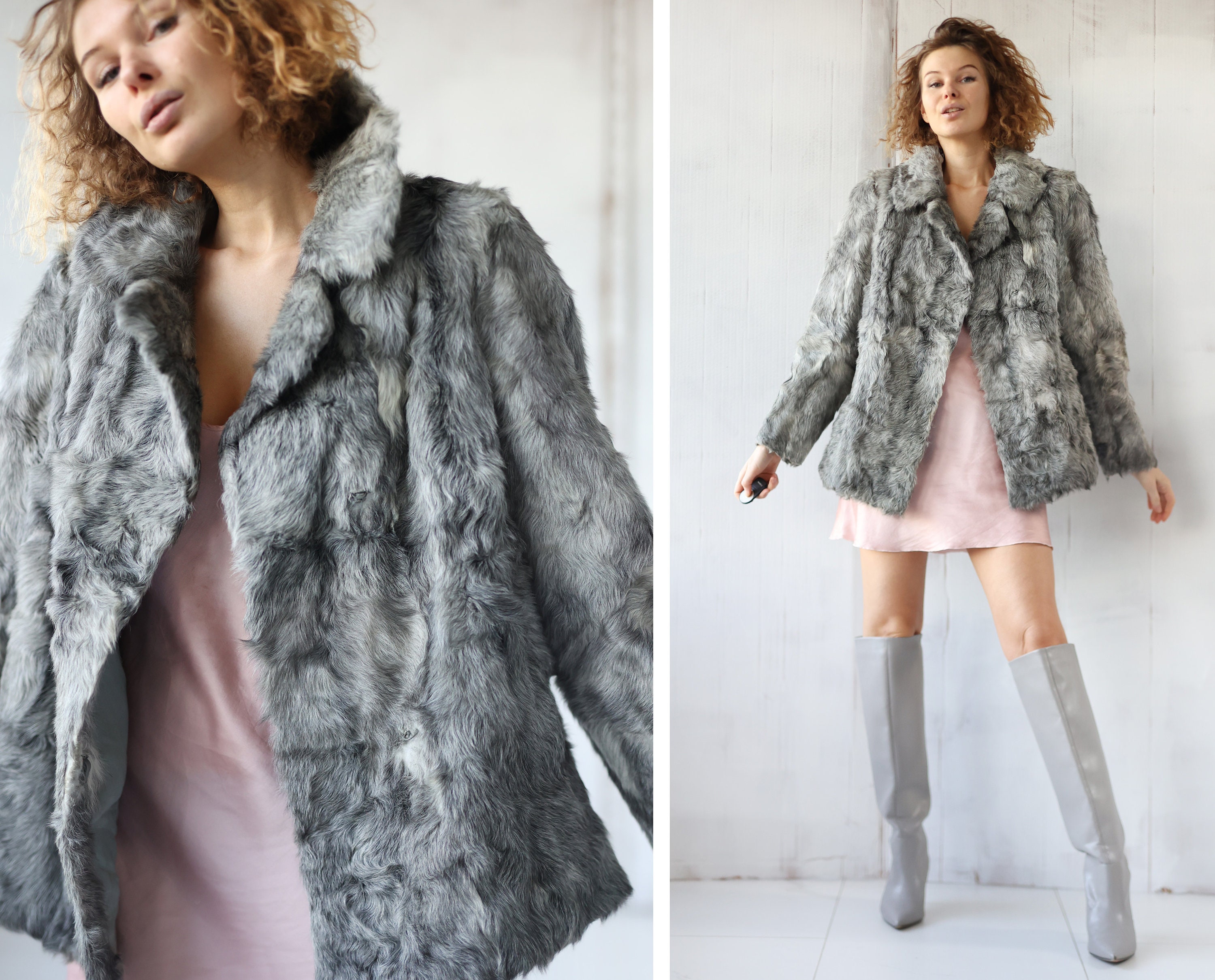 Vintage Grey Curly Fur Short Jacket Coat - Etsy Vintage Grey Curly Fur Short Jacket Coat - Etsy