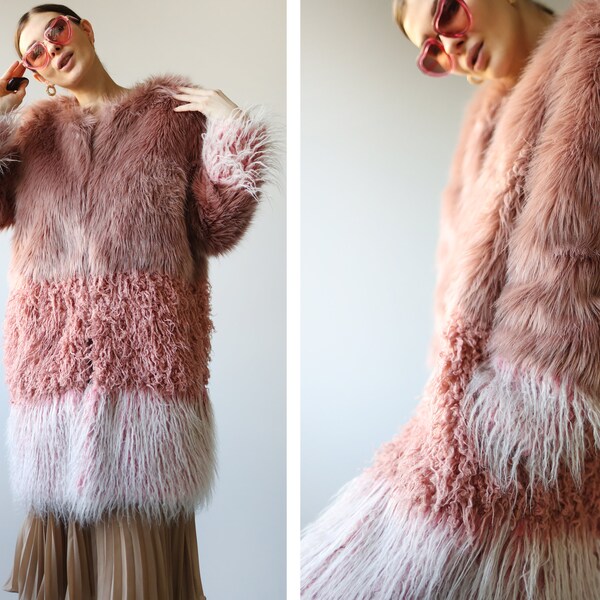 Vintage pink fuzzy faux fur long sleeve knee length jacket coat