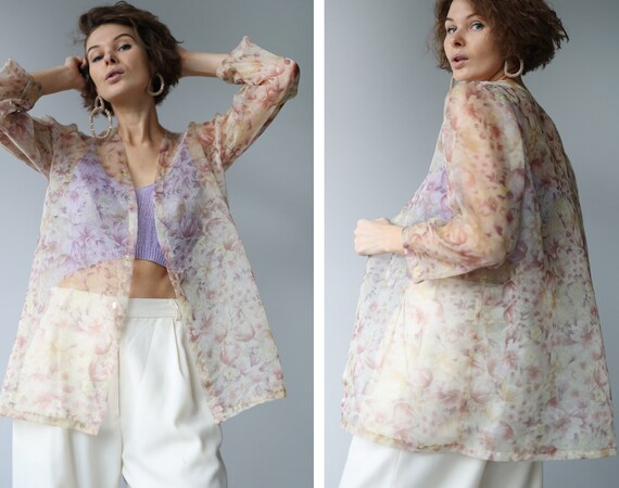 Vintage Sheer Floral Long Sleeve Organza Open Blouse Top Vintage Sheer Floral Long Sleeve Organza Open Blouse Top