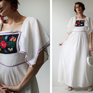 Vintage white cotton embroidery folk summer festival peasant maxi dress XS S