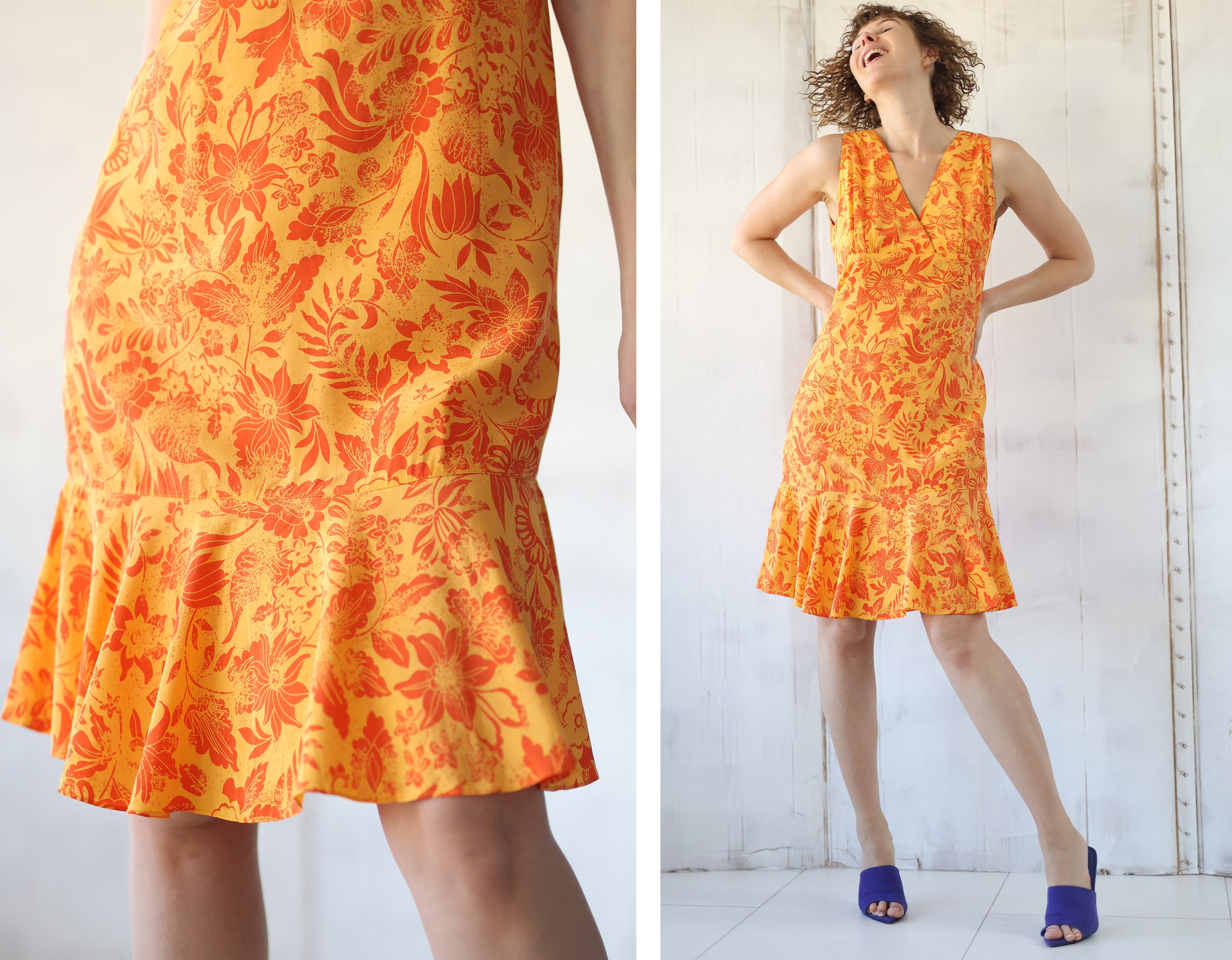 LOUIS FERAUD Vintage Yellow Orange Silk Knee Midi Dress M 