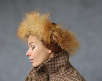 Vintage real fur Slavic style fuzzy warm round winter headband ear hat