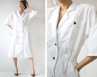 Vintage white double breasted pocketed blazer midi dress L