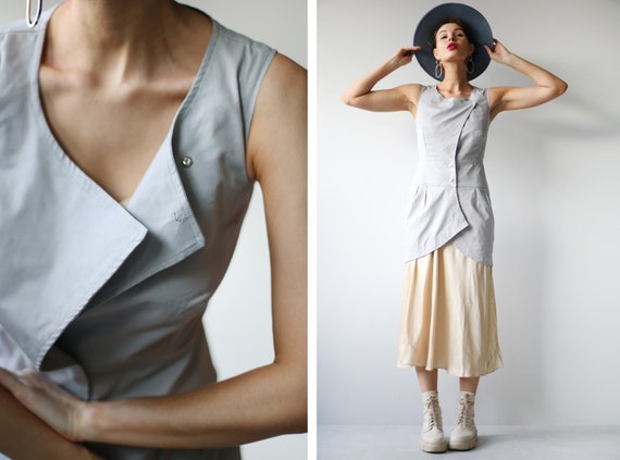 Vintage grey cotton sleeveless tunic vest top XS - image 1