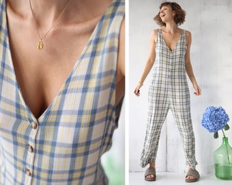 Vintage  blue yellow plaid cotton sleeveless one piece overall jumpsuit