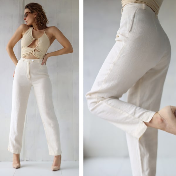 French Vintage cream white linen tapered leg pants XS