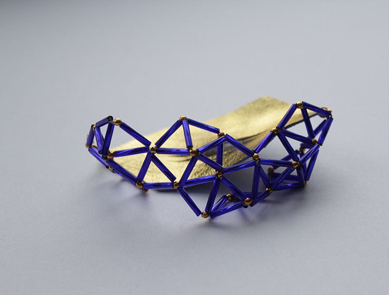 Handmade purple bead and gold leather geometric bracelet image 4