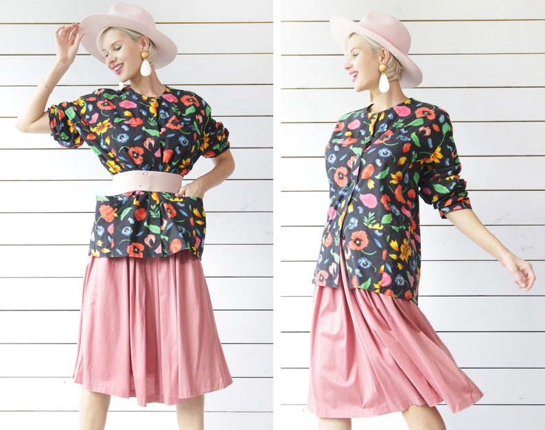 Vintage black colorful floral print cotton long sleeve button up shirt blouse top L XL