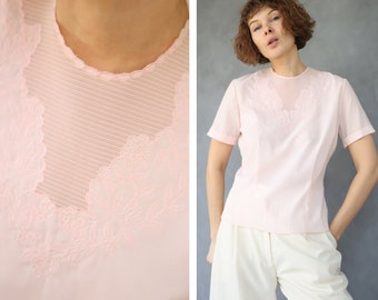 Vintage pink nylon embroidery short sleeve blouse top S