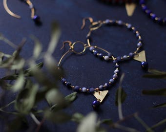 Handmade blue agate pearl gemstone gold tone hoop large long dangle earrings