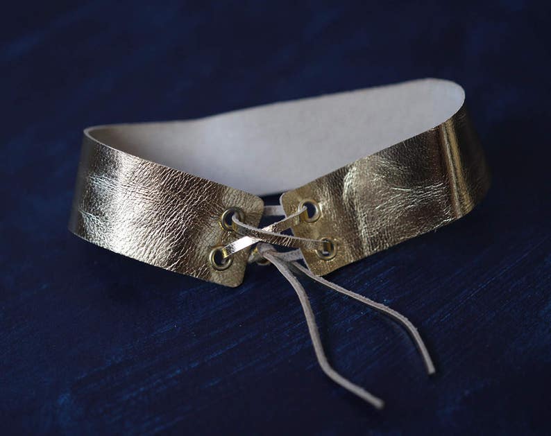 Handmade shiny gold tone leather wide neck strap lace up choker ribbon necklace image 4