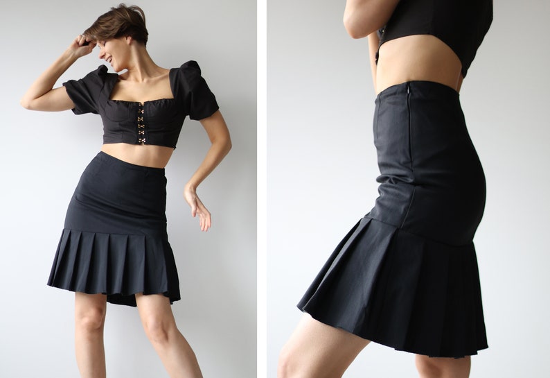 Vintage black high waist sexy tight fitted pleated mini skirt image 1
