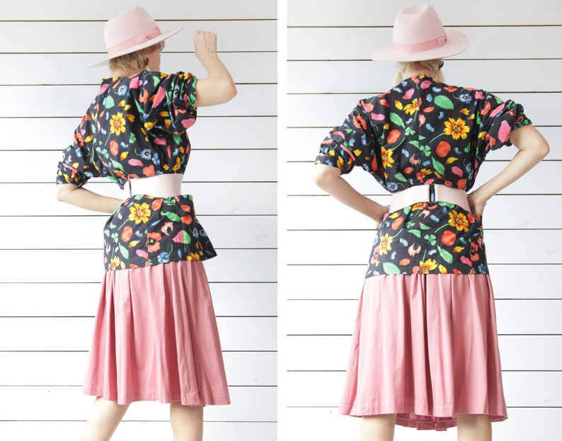 Vintage black colorful floral print cotton long sleeve button up shirt blouse top L XL