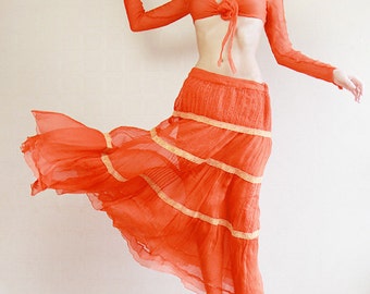 Orange red pure silk tiered maxi skirt and top belly dancer set