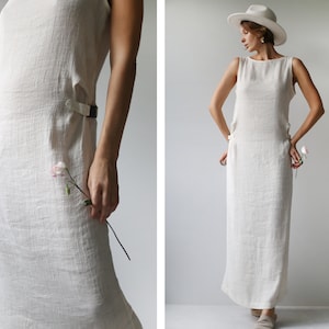 Vintage cream white linen cotton side clasp maxi dress M