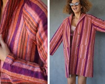 Vintage vertical striped woven cotton padded robe coat