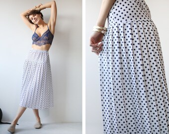 Vintage white blue polka dot print pleated high waist midi skirt L XL