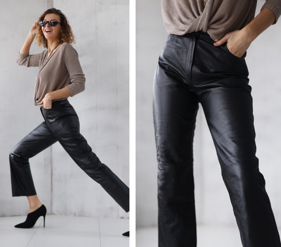 Vintage Black Genuine Leather High Waist Straight Leg Pants S - Etsy