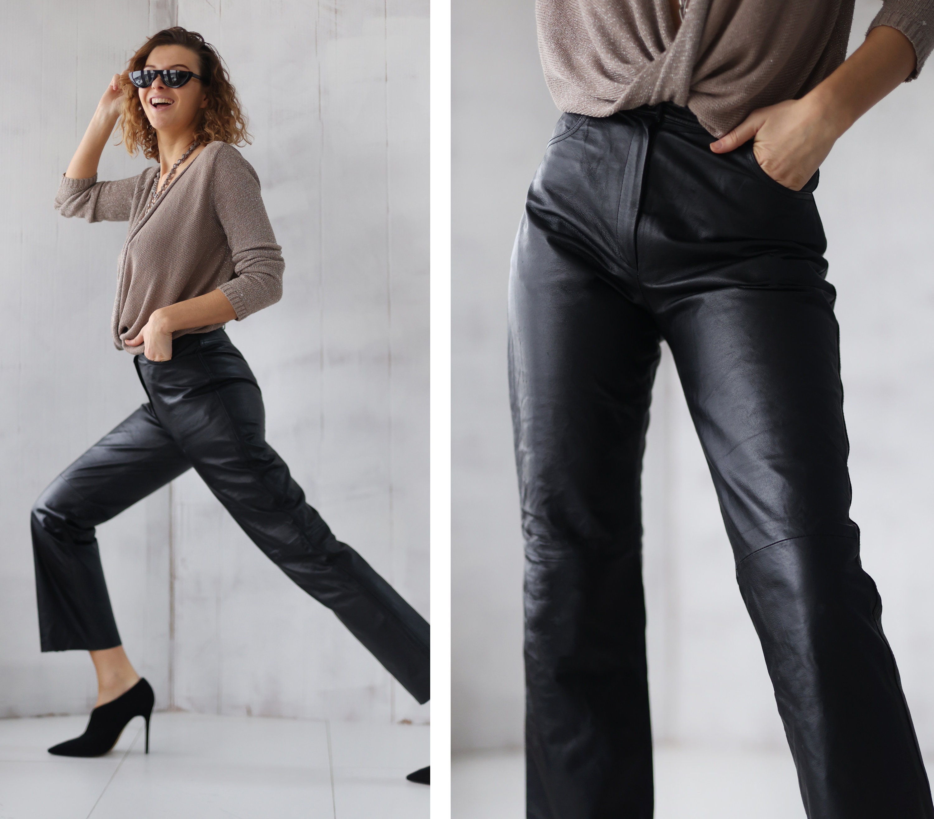 Vintage Black Genuine Leather High Waist Straight Leg Pants Vintage Black Genuine Leather High Waist Straight Leg Pants