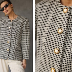 Vintage black white plaid wool single breasted power suit blazer