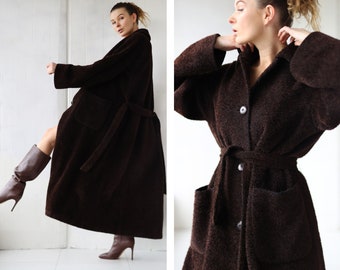 MAX MARA manteau vintage en laine et alpaga marron chocolat ceinturé